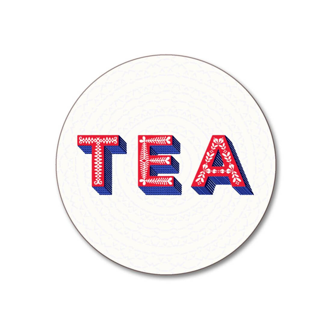 Asta Barrington "TEA" White Round Coaster with red and blue lettering, handmade in the UK, heat-resistant and nonslip.