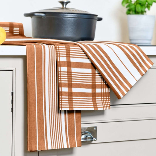 Tea Towel - Dexam - Set of 3 Extra Large - Love Colour - Terracotta displayed on kitchen counter with cookware.