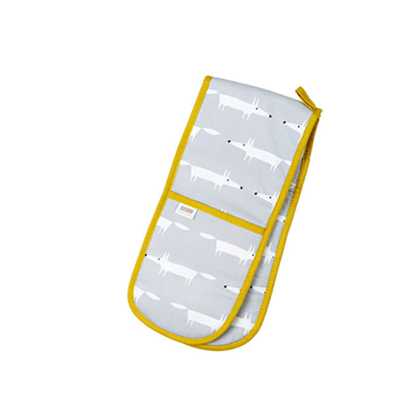 Scion Living - Mr Fox Double Oven Gloves - Grey featuring all over Mr Fox print and yellow twill edge.