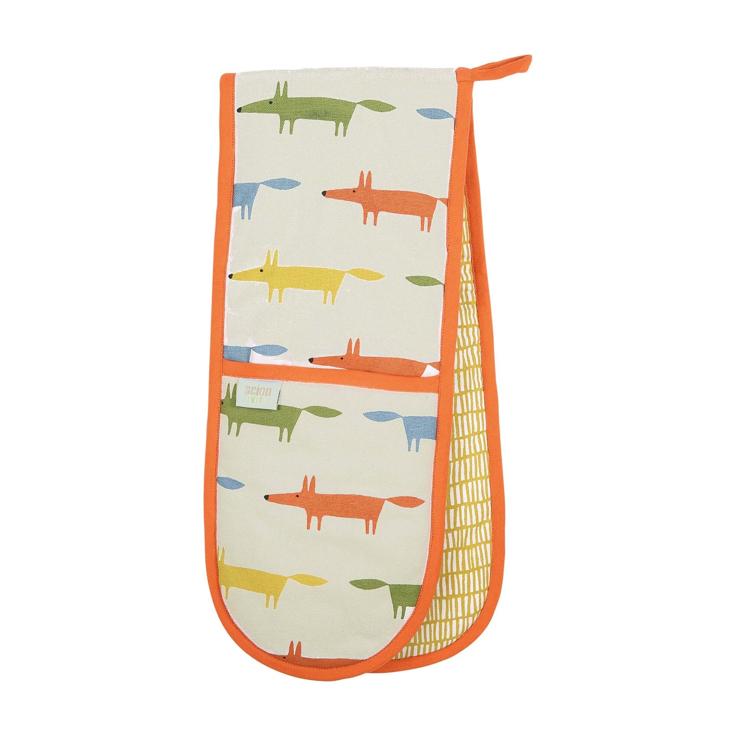 Scion Living - Mr Fox Double Oven Gloves - 10th Anniversary featuring a colorful fox design on a cream background and an orange trim.