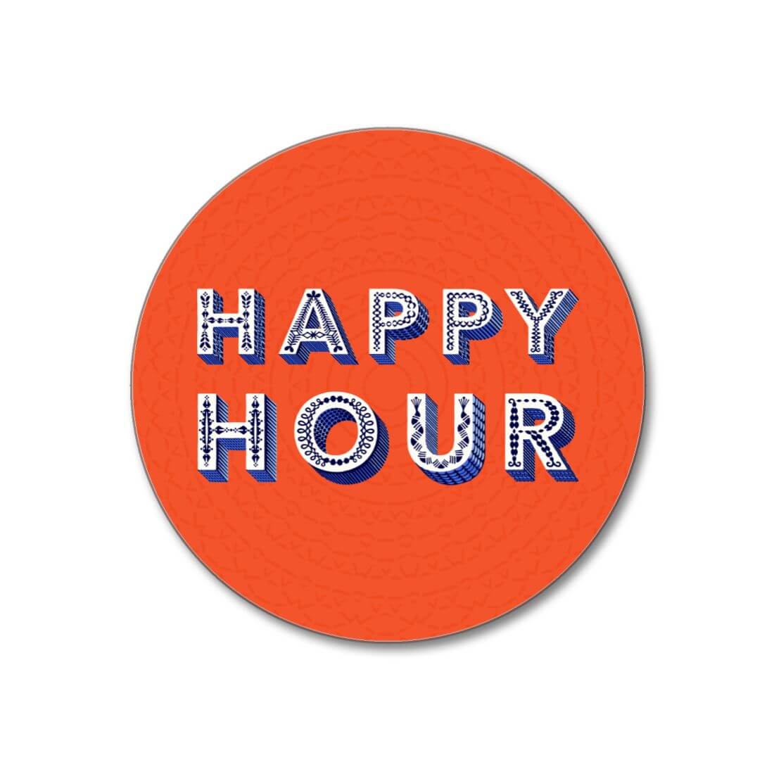 Asta Barrington "HAPPY HOUR" Orange Round Coaster featuring bright orange with blue and white lettering.