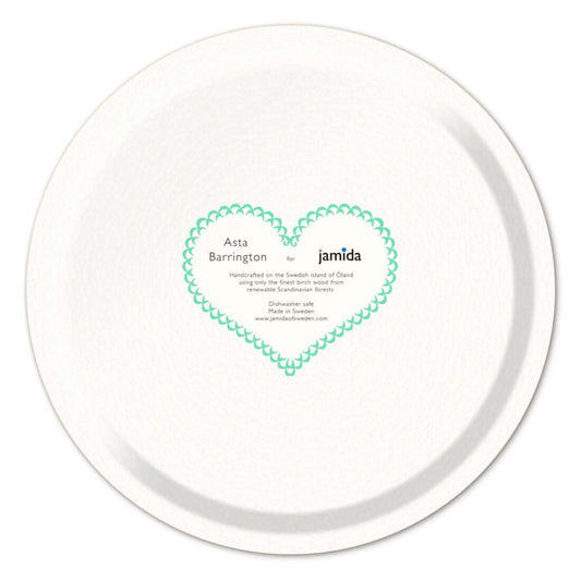 Serving Tray - Asta Barrington "MR & MRS" Green Round Tray (31cm) back design with blue heart branding.