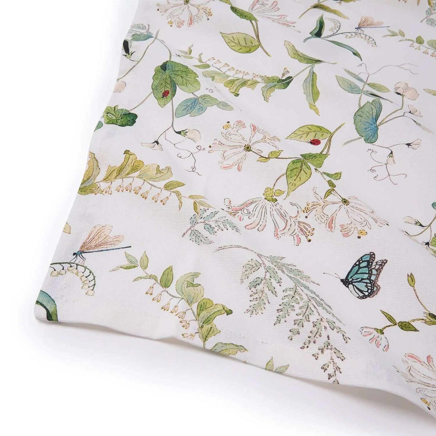 Sophie Allport 'Wild Floral' tea towel featuring honeysuckle, butterflies, and green leaves on 100% cotton fabric.