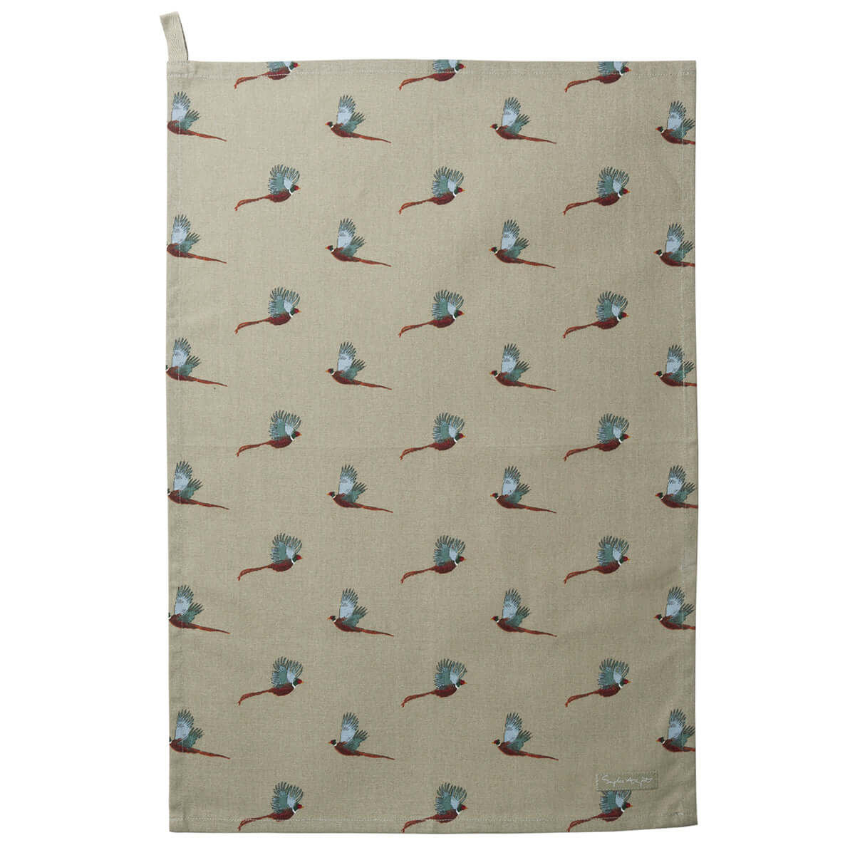 Sophie Allport "Pheasants" Tea Towel featuring flying pheasants on a stone green background.