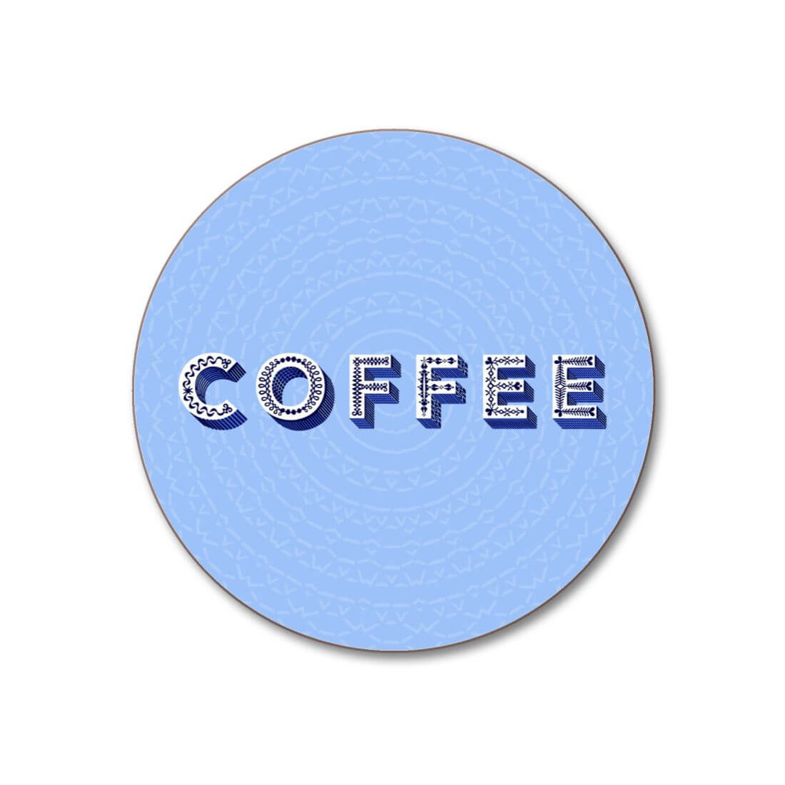 Asta Barrington "Coffee" Blue Round Coaster with blue, black, and white COFFEE text on a pale blue background.