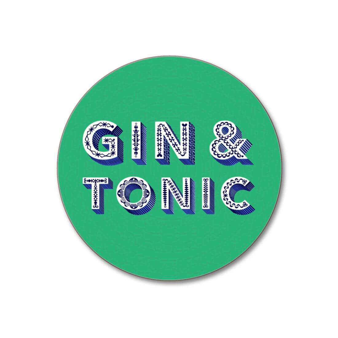 Asta Barrington "Gin & Tonic" Green Round Coaster featuring bright green background with blue and white decorative text.