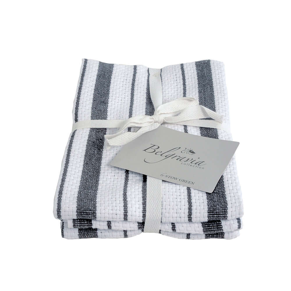 Stow Green - Belgravia Basket Weave Grey Tea Towels - Set of 2, featuring a grey and white striped pattern.