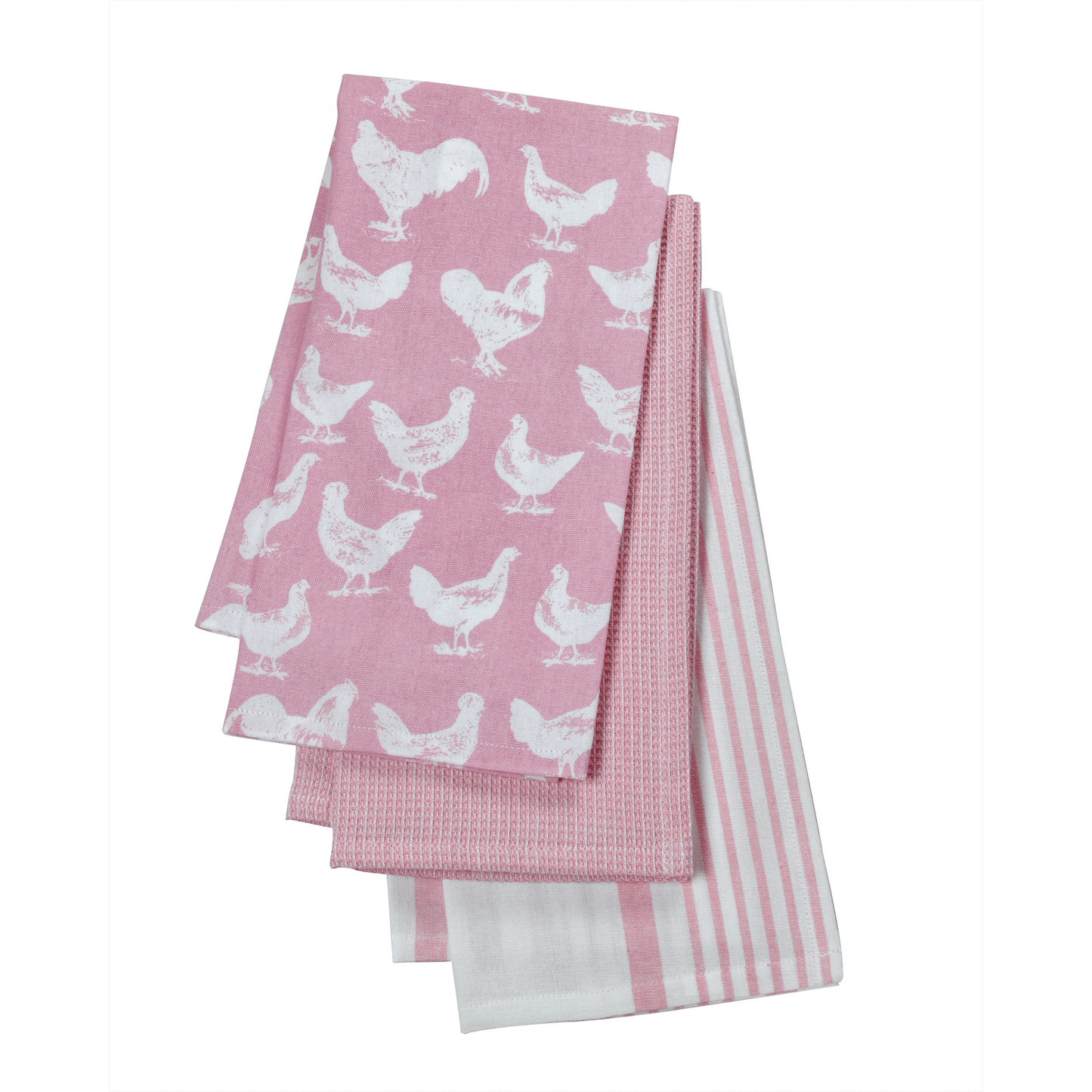 Stow Green - The Pantry Kitchen - Hen & Cockerel Pink Tea Towels - Set of 3 featuring pink and white designs.
