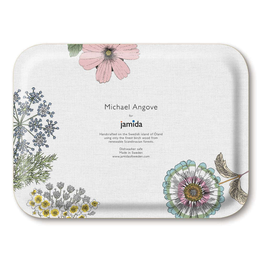 Michael Angove Rectangular Small White Tray - Sunflowers (27 x 20cm) featuring floral designs and handcrafted details.