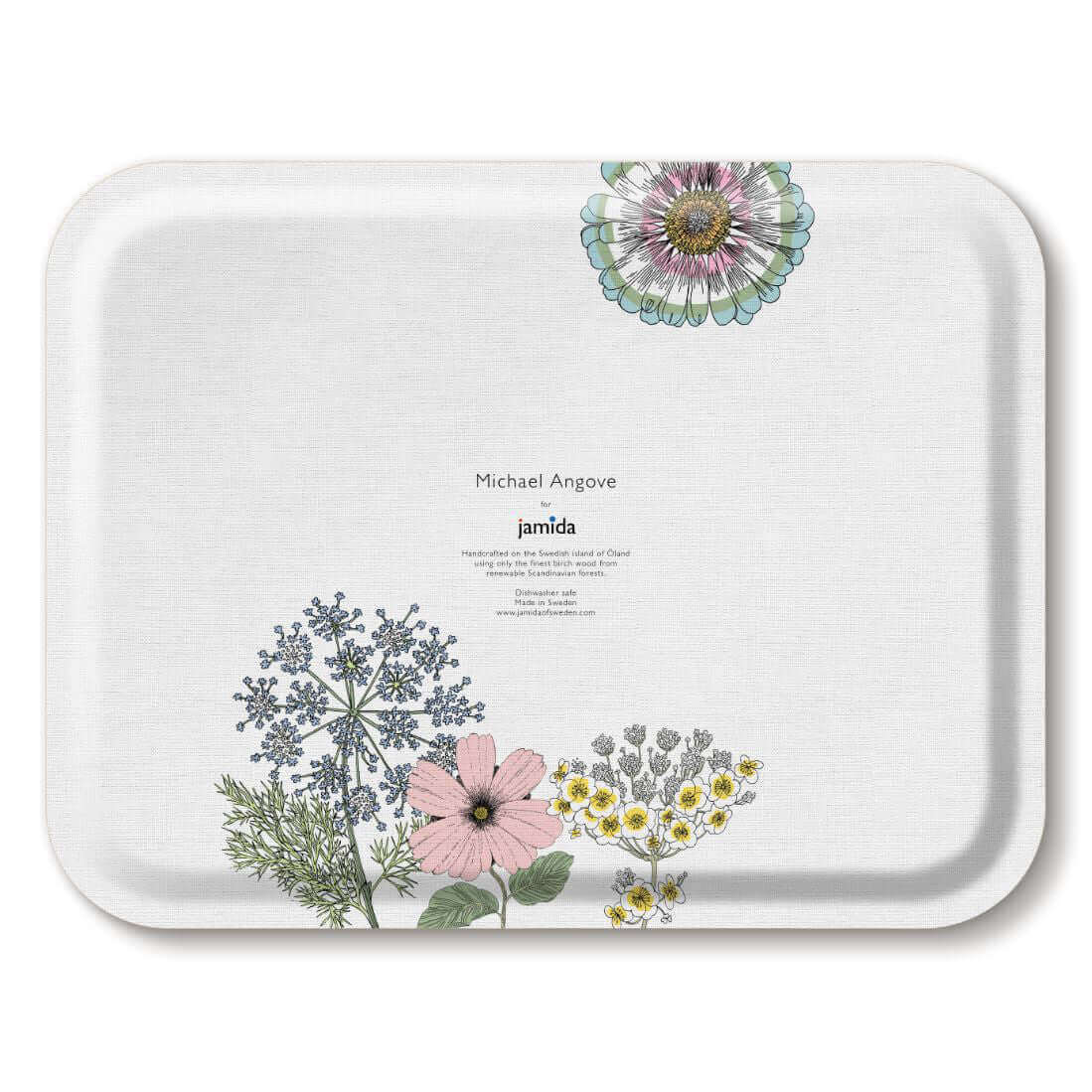 Michael Angove Rectangular Large White Tray - Sunflowers (43 x 33cm) with floral design in pinks, yellows and greens.