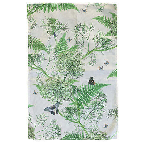 Michael Angove White Dill Tea towel featuring delicate layered ferns and colorful butterflies in green and blue.