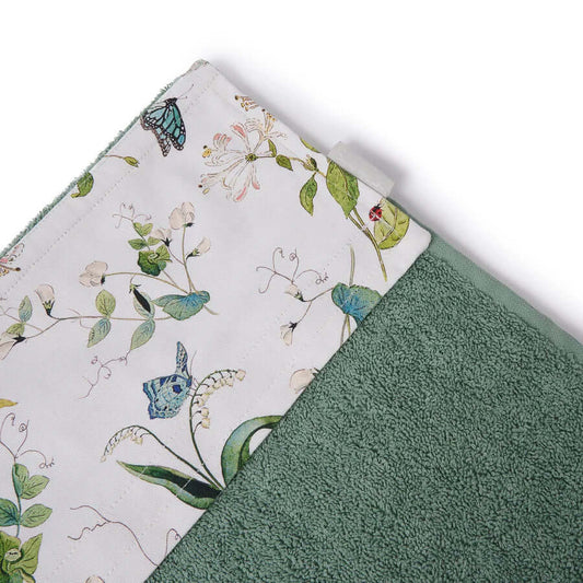 Sophie Allport Wild Floral roller hand towel featuring pale green fabric and floral design with butterflies and ladybirds.