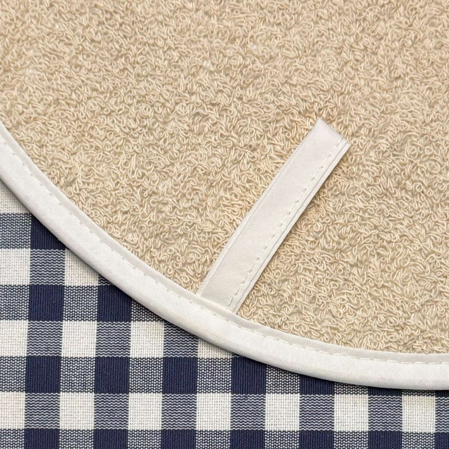 The Chef Pad Shop Navy Gingham Check Chefs Pad for use with Aga Cookers, featuring cream terry backing and hanging loop.