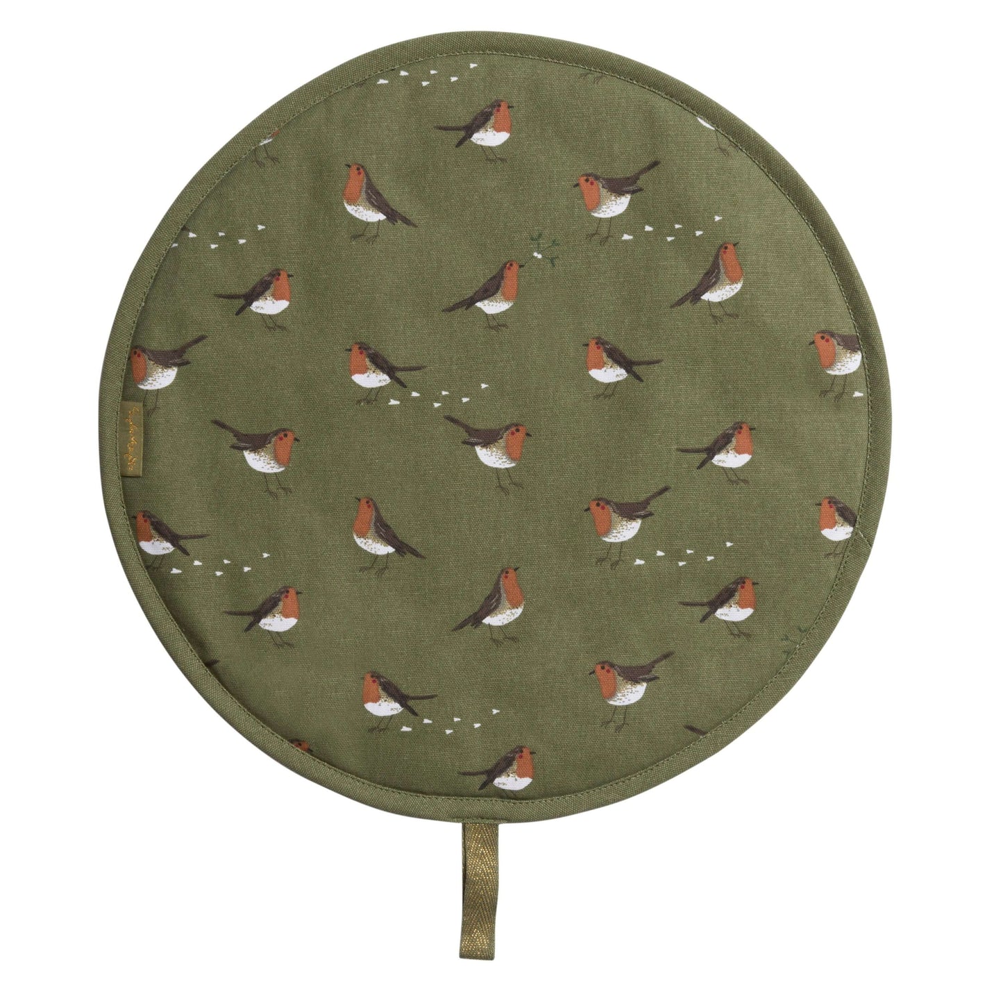 Sophie Allport "Robins" Chefs Pad For Use With Aga Range Cookers featuring festive green with red-breasted Robins.