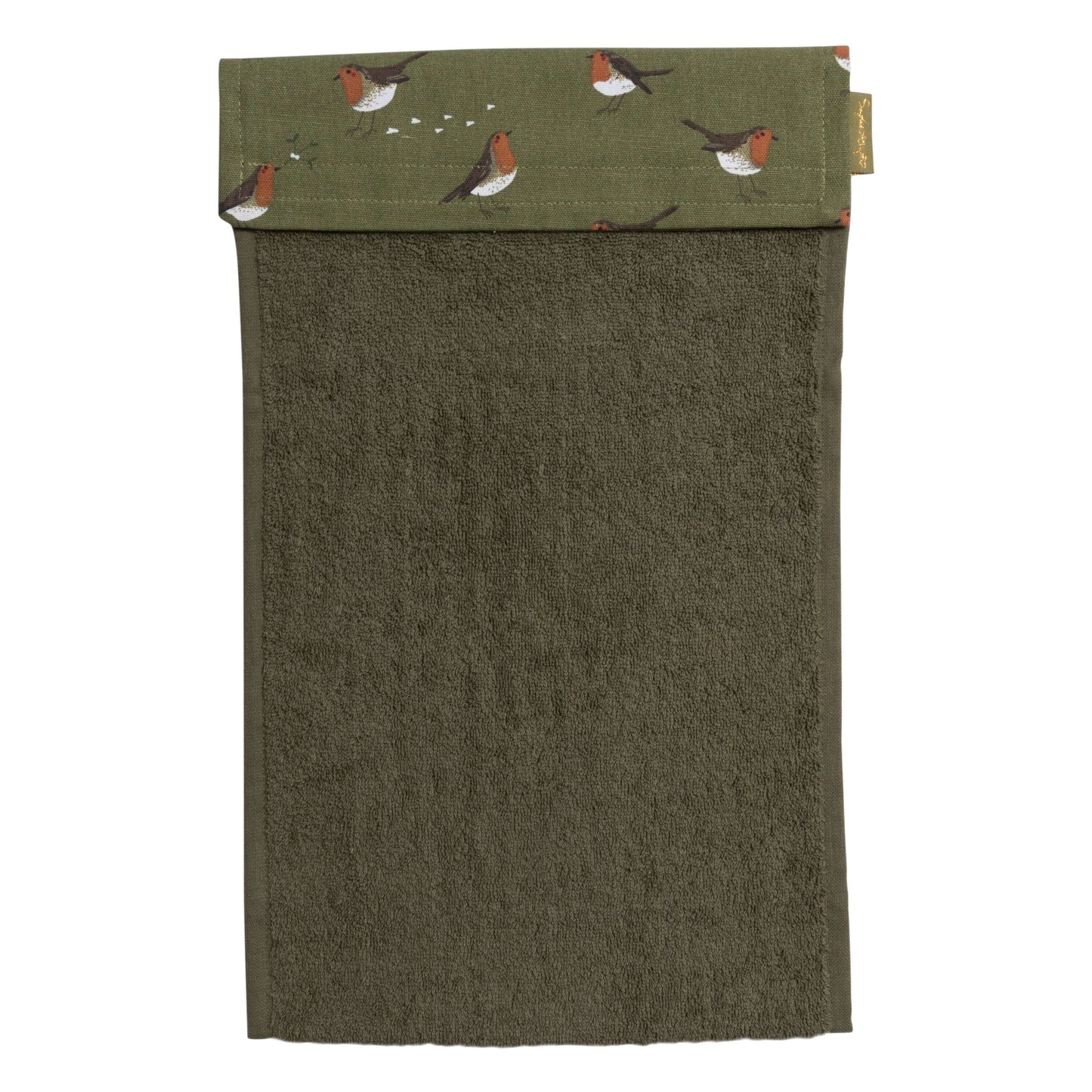 Sophie Allport "Robins" Roller Hand Towel featuring festive green color, red-breasted Robins, and mistletoe design.