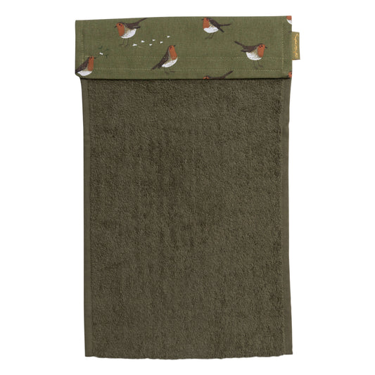 Sophie Allport "Robins" Roller Hand Towel featuring festive green color, red-breasted Robins, and mistletoe design.