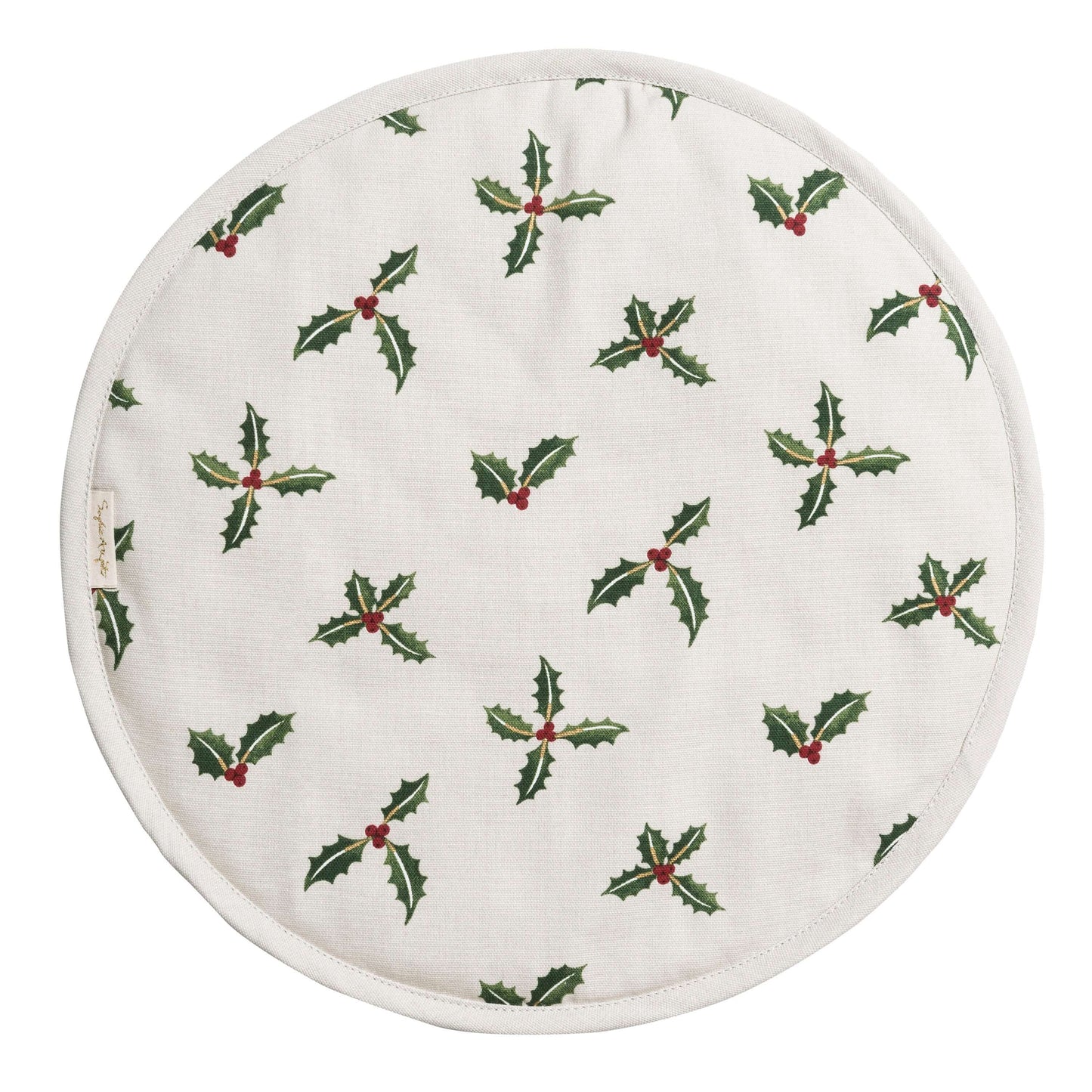 Sophie Allport "Christmas Holly & Berry" Chefs Pad For Use With Aga Range Cookers with green Holly leaves and red berries.