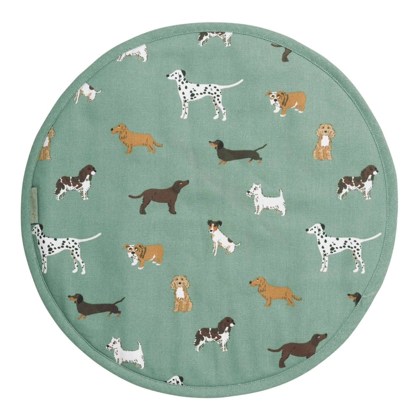 Sophie Allport "Fetch" Chefs Pad For Use With Aga Range Cookers featuring a sage blue color with various dog prints.