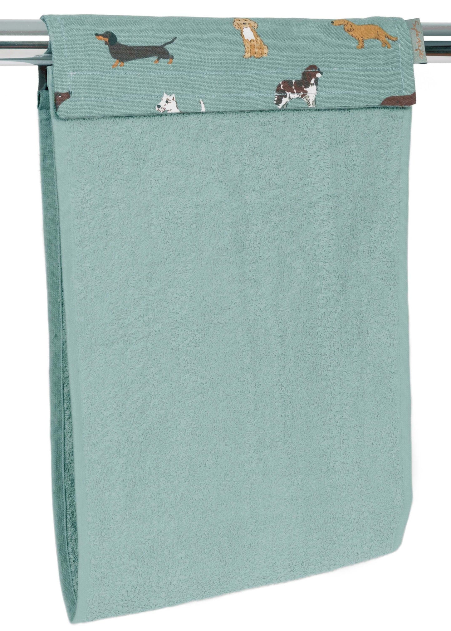 Sophie Allport "Fetch" Roller Hand Towel in sage blue with dog patterns hanging over an oven rail.