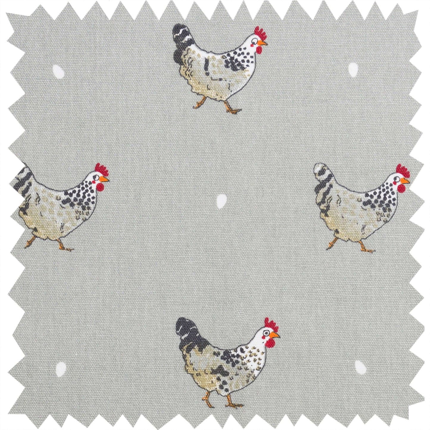 Sophie Allport "Chickens" Roller Hand Towel fabric featuring Speckled Maran hens on sage grey background.