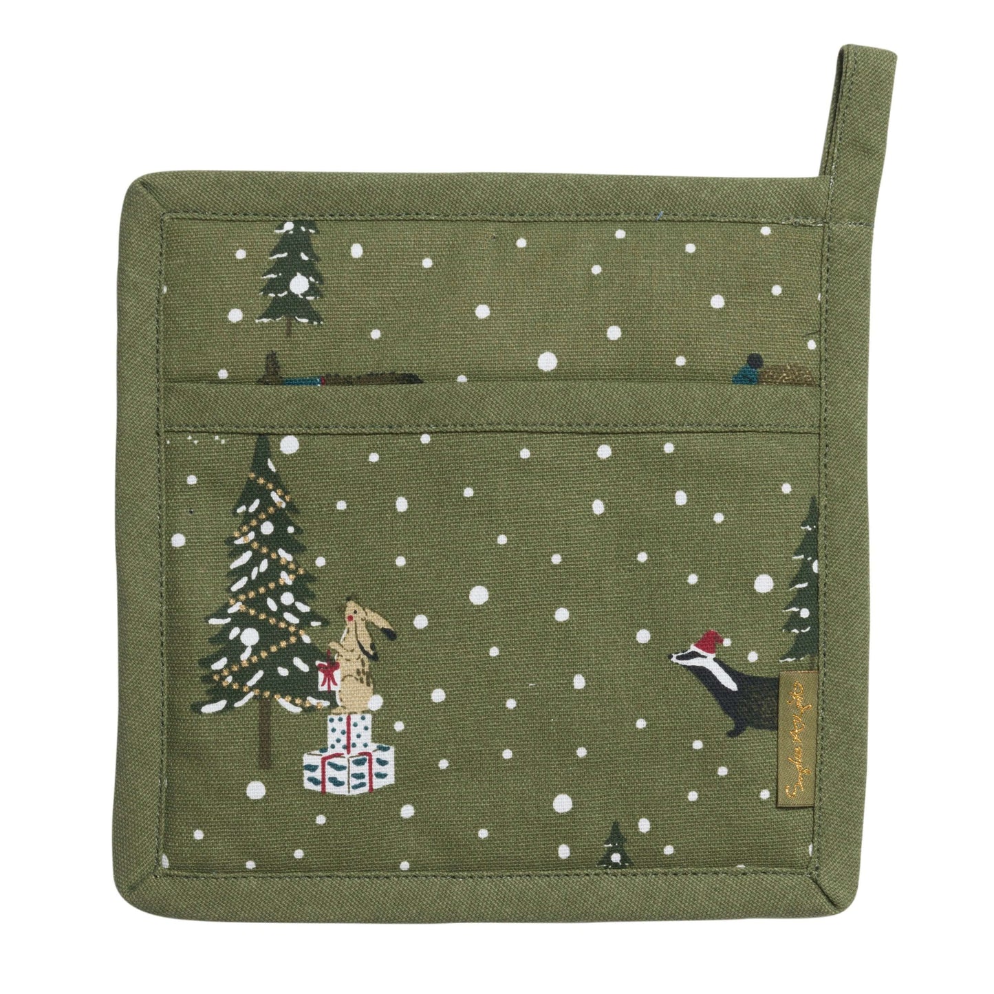 Sophie Allport "Festive Forest" Pot Grab featuring festive animals and trees on olive green fabric.