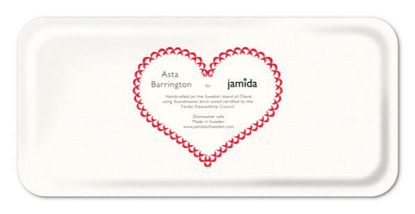 Asta Barrington Red "CAVA" Rectangular 32x15cm Tray back view showcasing heart branding and certification details.