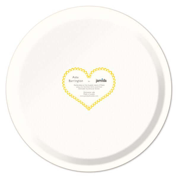Asta Barrington Yellow "Cheese" Round Tray (31cm) back view featuring heart branding design.