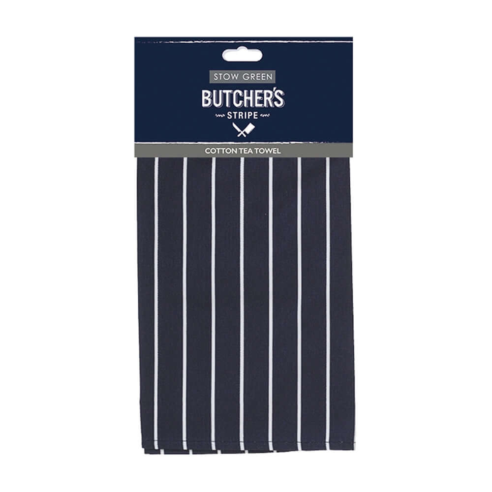 Stow Green - Navy Butchers Stripe Tea Towel displayed with navy and white stripes on packaging.