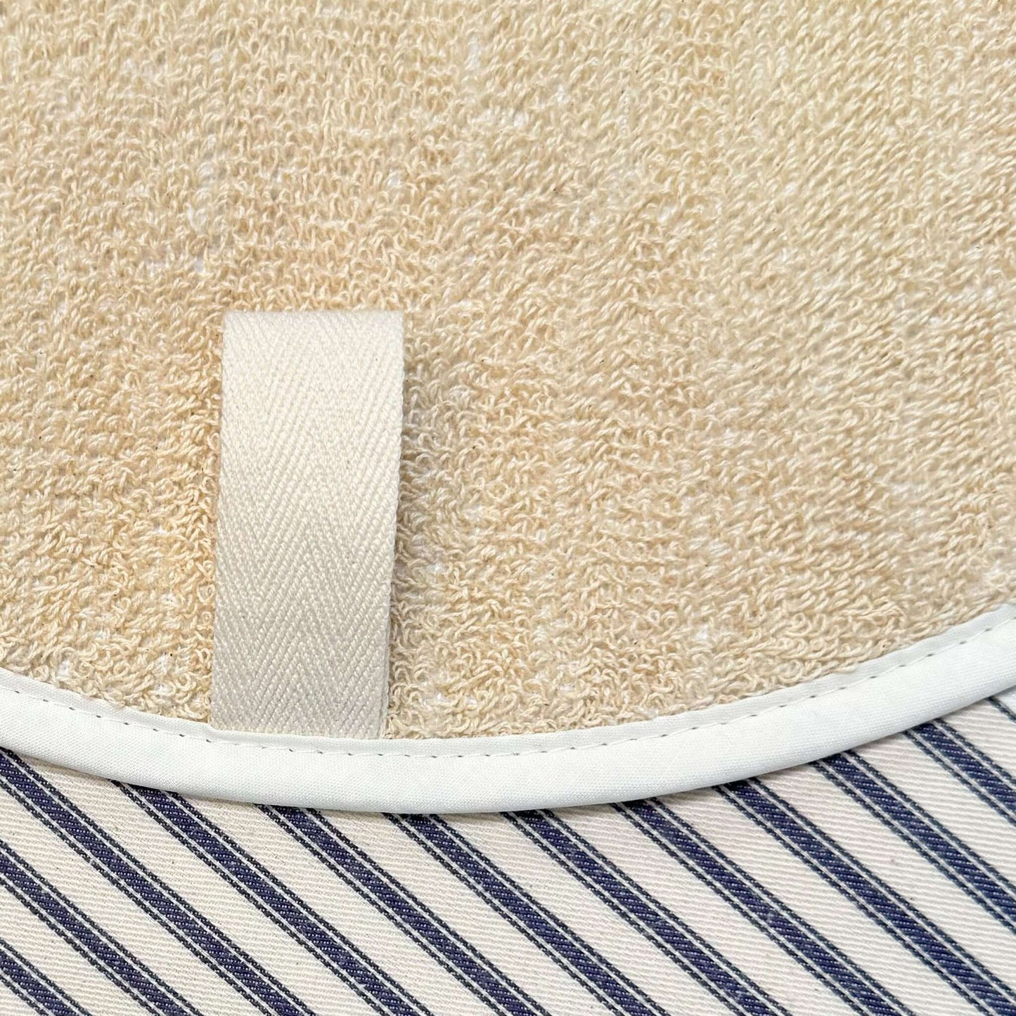 Ticking Stripe "Embroidered Bow" Chefs Pad for use with Aga Range Cookers hanging loop detail close-up.