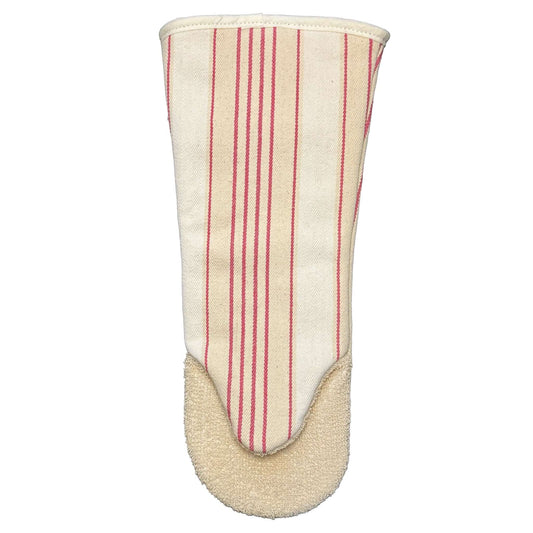 Crisp & Dene Pink Fine Stripe Gauntlet featuring woven cotton stripe design with cream terry towelling for steam protection.