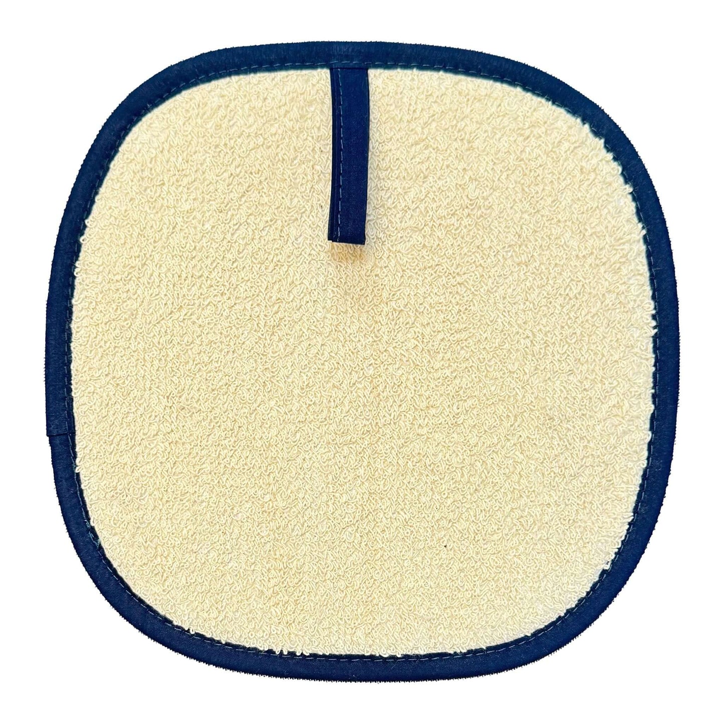 Asta Barrington Navy Folk Flower Pot Holder top view with hanging loop, textured dark blue trim and cream fabric.