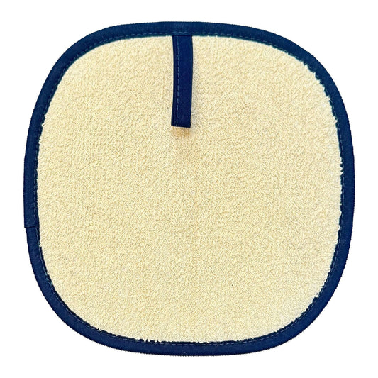 Asta Barrington Navy Folk Flower Pot Holder top view with hanging loop, textured dark blue trim and cream fabric.