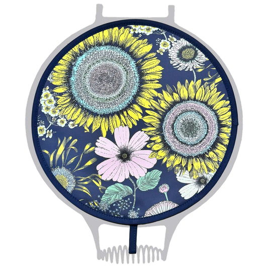 Michael Angove Navy "Sunflower" Chefs Pad for use with Aga Range Cookers featuring vibrant sunflower and flower design.
