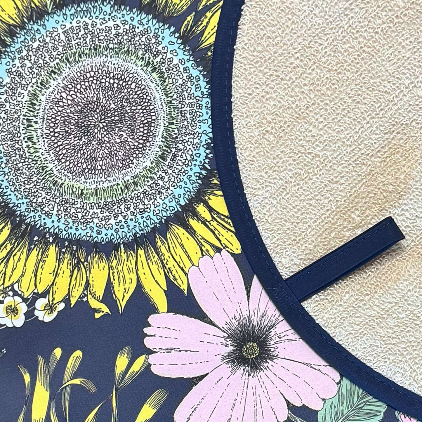 Michael Angove Navy "Sunflower" Chefs Pad for use with Aga Range Cookers showcasing vibrant floral design.