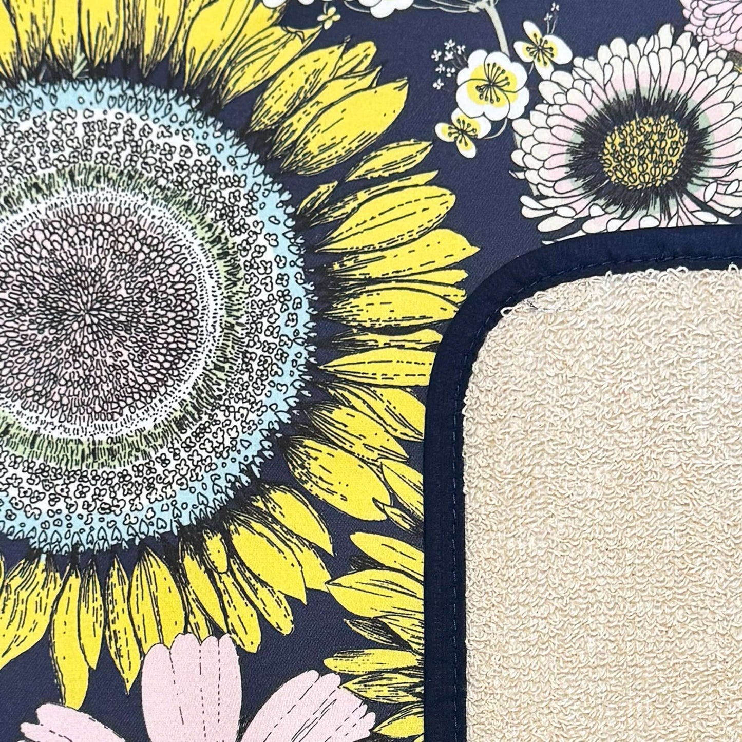 Michael Angove Navy "Sunflower" Everhot Hob Covers (Medium 53.5 cm) featuring vibrant sunflower and floral design.