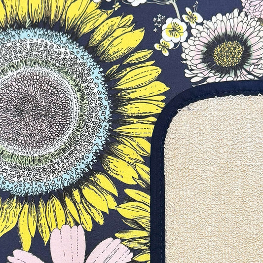 Michael Angove Navy "Sunflower" Everhot Hob Covers (Medium 53.5 cm) featuring vibrant sunflower and floral design.