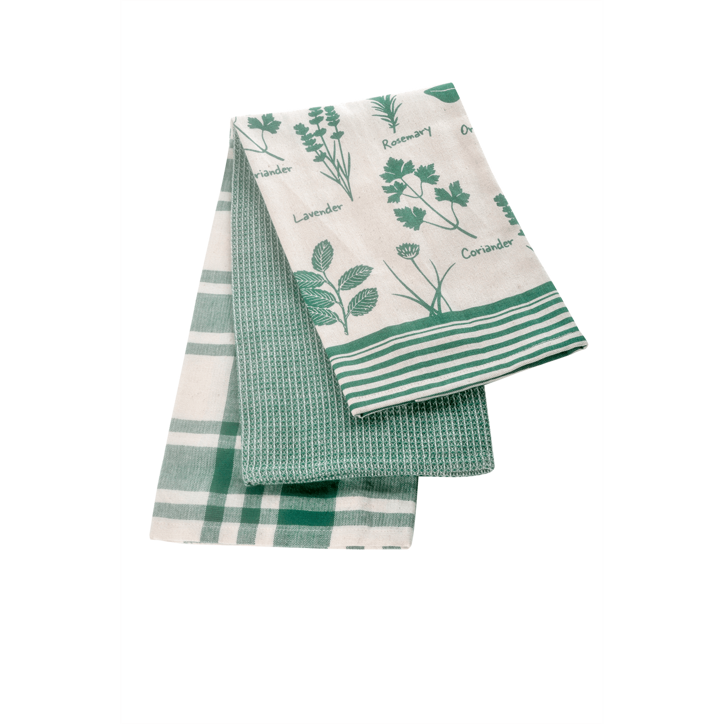 Stow Green - The Pantry Kitchen - Herb Tea Towels - Set of 3 featuring cream color with green herbs, waffle, and check design.