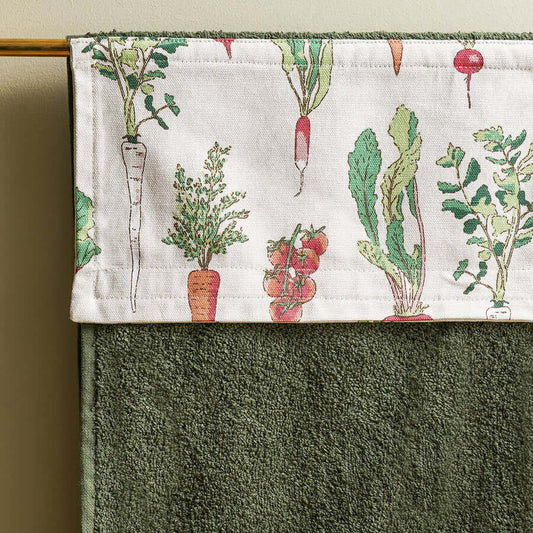 Sophie Allport 'Garden Vegetables' roller hand towel with green terry fabric and vegetable print panel.