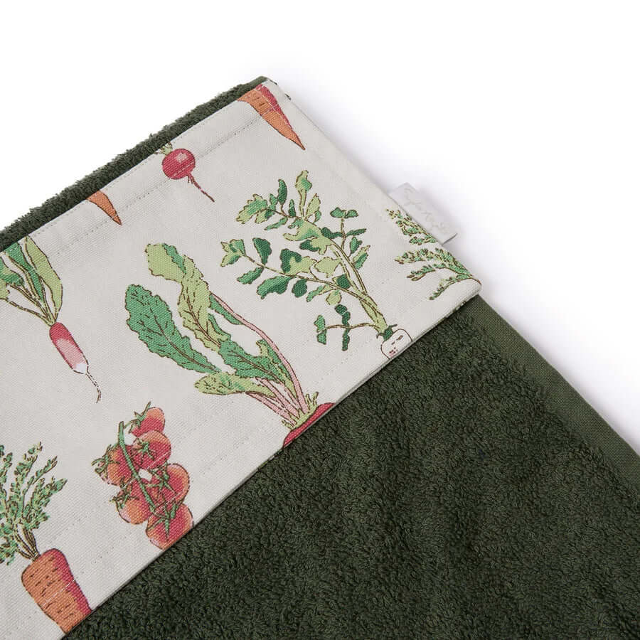 Sophie Allport Garden Vegetables roller hand towel featuring dark green base and vegetable design fabric.