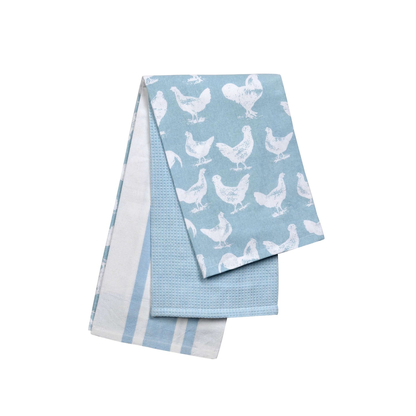 Stow Green - The Pantry Kitchen - Hen & Cockerel Blue Tea Towels - Set of 3 featuring blue and white designs.