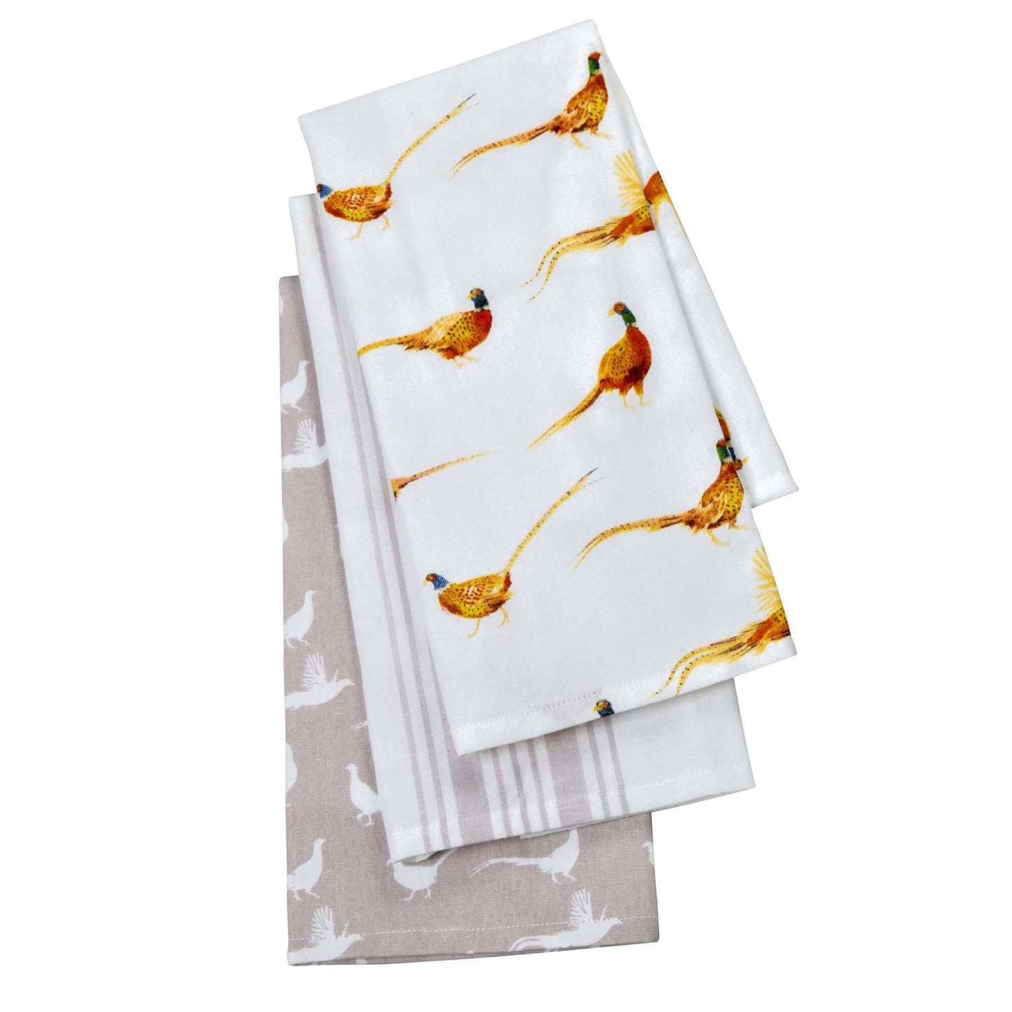 Stow Green - The Pantry Kitchen - Pheasant Dusk Tea Towels - Set of 3, featuring pheasant designs and striped patterns.