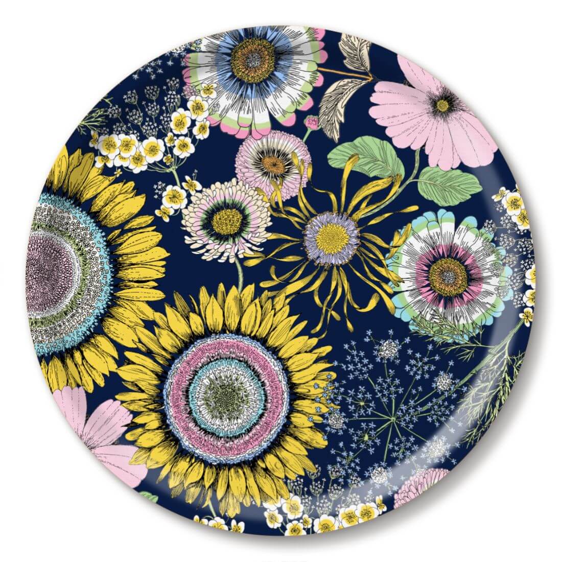 Michael Angove Round Navy Tray - Sunflowers (39 cm) with bright floral print of sunflowers and other flowers on navy background.