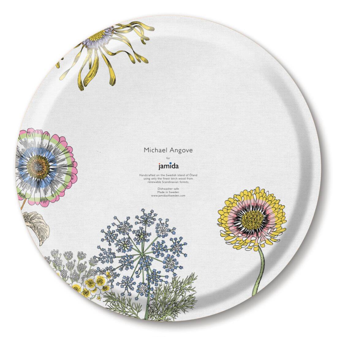 Michael Angove Round White Tray - Sunflowers (39 cm) featuring hand-drawn flowers on a white background.