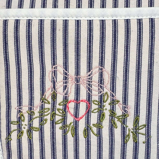 Ticking Stripe "Embroidered Bow" Double Oven Glove featuring pink bow, red heart, and green leaves embroidery on ticking stripe fabric.