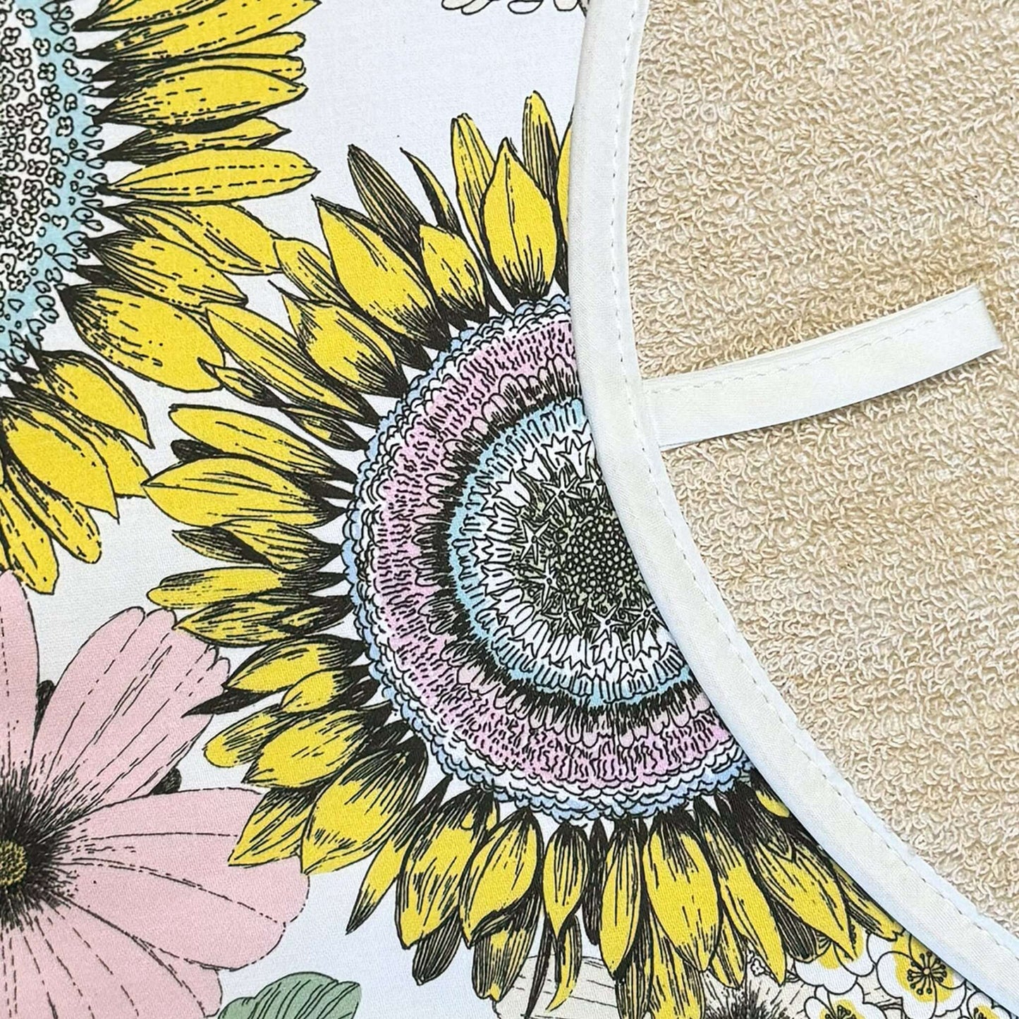 Michael Angove White "Sunflower" Chefs Pad for use with Aga Range Cookers featuring vibrant sunflower design.