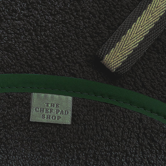 Chef Pad - Aga - The Chef Pad Shop - Insulate Range: All Black Towelling Chefs Pad with Green Binding For Use With Aga Cookers