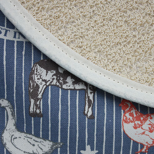 Close-up of Crisp & Dene Best in Show Animals hob cover featuring a cream towelling back and colorful farm animal designs.