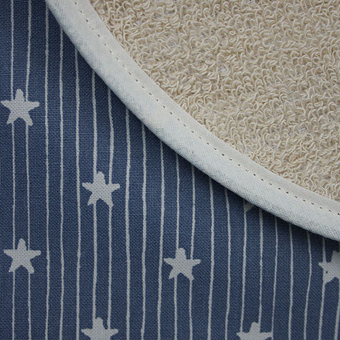 Close-up of Crisp & Dene Best In Show Stars hob cover featuring denim blue fabric with white stars and cream terry towelling backing.