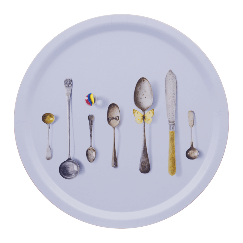 Michael Angove Birch 39cm Pale Blue Round Tray with Cutlery Print