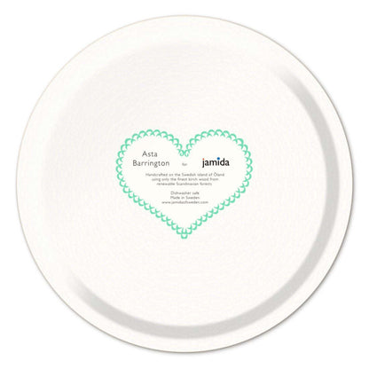 Serving Tray - Asta Barrington "MR & MRS" Green Round Tray (31cm) back design with blue heart branding.